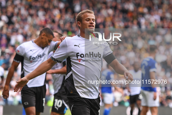 Kenzo Goudmijn of Derby County celebrates after scoring a goal to make it 1-0 during the Sky Bet Championship match between Derby County and...