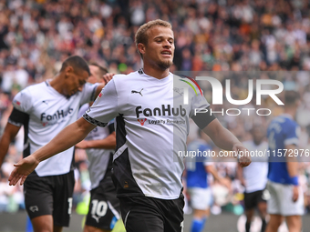 Kenzo Goudmijn of Derby County celebrates after scoring a goal to make it 1-0 during the Sky Bet Championship match between Derby County and...