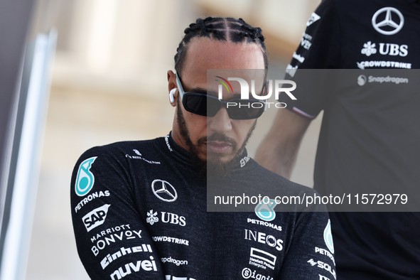 Lewis Hamilton of Mercedes before qualifying ahead of the Formula 1 Grand Prix of Azerbaijan at Baku City Circuit in Baku, Azerbaijan on Sep...