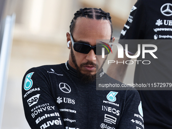 Lewis Hamilton of Mercedes before qualifying ahead of the Formula 1 Grand Prix of Azerbaijan at Baku City Circuit in Baku, Azerbaijan on Sep...