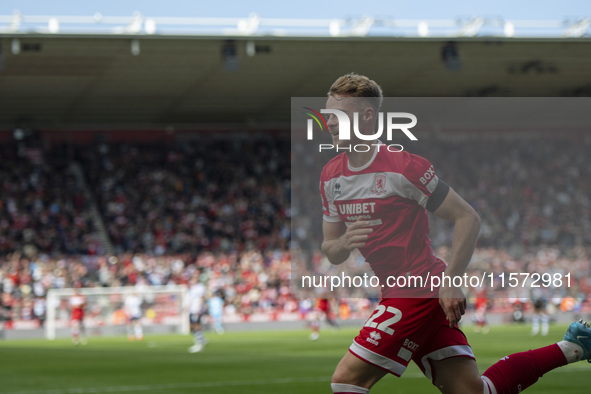 Tommy Conway celebrates after scoring during the Sky Bet Championship match between Middlesbrough and Preston North End at the Riverside Sta...