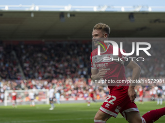 Tommy Conway celebrates after scoring during the Sky Bet Championship match between Middlesbrough and Preston North End at the Riverside Sta...