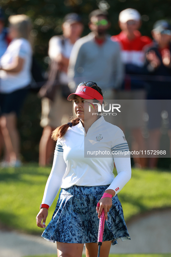 GAINESVILLE, VIRGINIA - SEPTEMBER 14: Lilia Vu of Team USA walks on the 7th green during Day Two of the Solheim Cup at Robert Trent Jones Go...