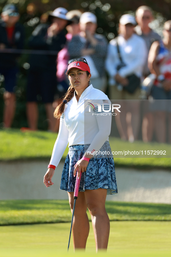 GAINESVILLE, VIRGINIA - SEPTEMBER 14: Lilia Vu of Team USA follows her putt on the 7th green during Day Two of the Solheim Cup at Robert Tre...