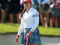 GAINESVILLE, VIRGINIA - SEPTEMBER 14: Lilia Vu of Team USA follows her putt on the 7th green during Day Two of the Solheim Cup at Robert Tre...