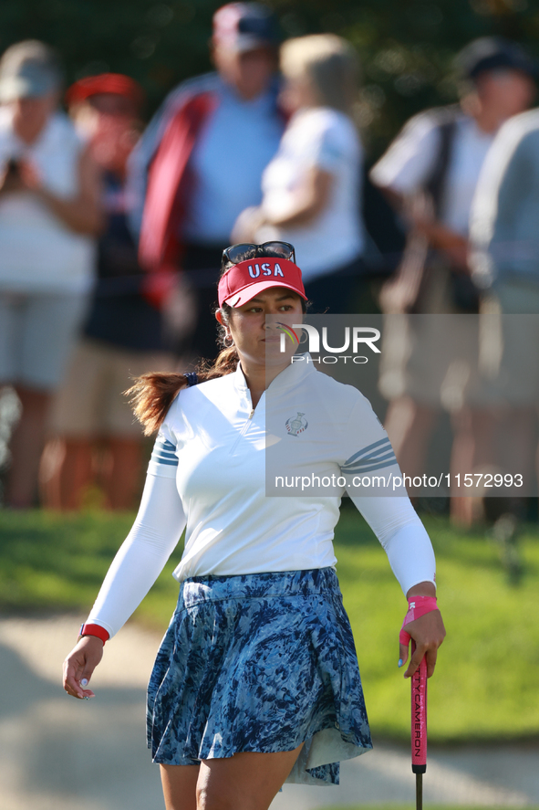 GAINESVILLE, VIRGINIA - SEPTEMBER 14: Lilia Vu of Team USA walks on the 7th green during Day Two of the Solheim Cup at Robert Trent Jones Go...