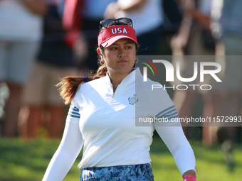 GAINESVILLE, VIRGINIA - SEPTEMBER 14: Lilia Vu of Team USA walks on the 7th green during Day Two of the Solheim Cup at Robert Trent Jones Go...