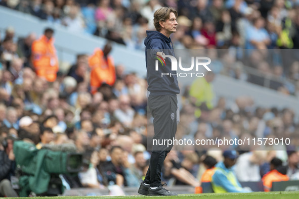 Brentford F.C. manager Thomas Franks gesticulates during the Premier League match between Manchester City and Brentford at the Etihad Stadiu...