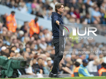 Brentford F.C. manager Thomas Franks gesticulates during the Premier League match between Manchester City and Brentford at the Etihad Stadiu...