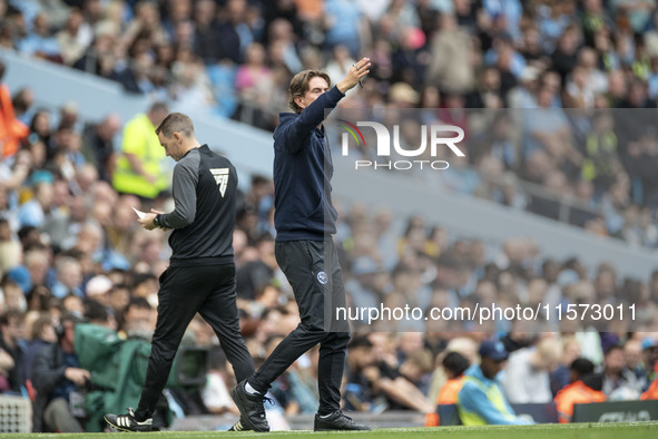 Brentford F.C. manager Thomas Franks gesticulates during the Premier League match between Manchester City and Brentford at the Etihad Stadiu...