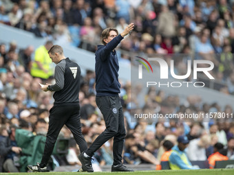 Brentford F.C. manager Thomas Franks gesticulates during the Premier League match between Manchester City and Brentford at the Etihad Stadiu...