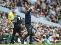 Brentford F.C. manager Thomas Franks gesticulates during the Premier League match between Manchester City and Brentford at the Etihad Stadiu...