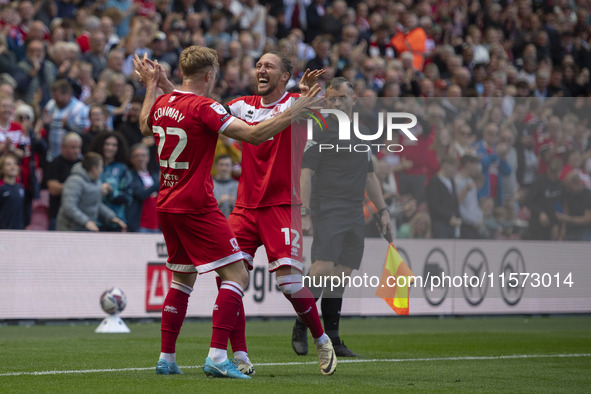 Luke Ayling of Middlesbrough celebrates with goalscorer Tommy Conway of Middlesbrough during the Sky Bet Championship match between Middlesb...