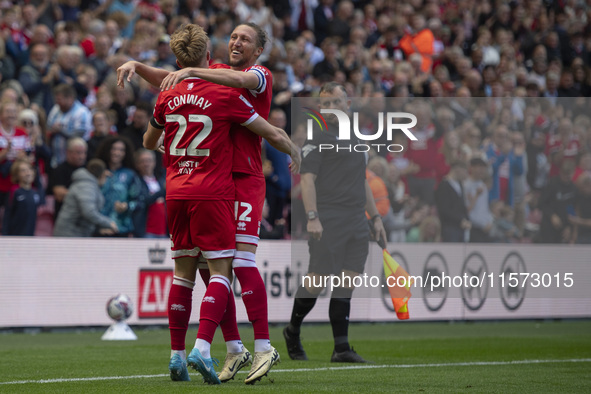 Luke Ayling of Middlesbrough celebrates with goalscorer Tommy Conway of Middlesbrough during the Sky Bet Championship match between Middlesb...