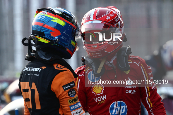 Oscar Piastri of McLaren and Charles Leclerc of Ferrari after qualifying ahead of the Formula 1 Grand Prix of Azerbaijan at Baku City Circui...