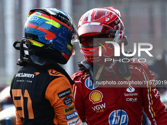 Oscar Piastri of McLaren and Charles Leclerc of Ferrari after qualifying ahead of the Formula 1 Grand Prix of Azerbaijan at Baku City Circui...