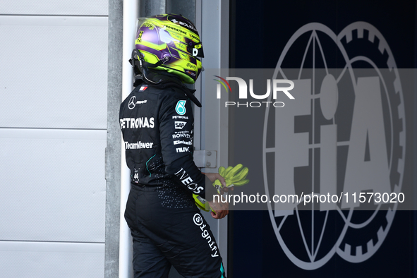 Lewis Hamilton of Mercedes after qualifying ahead of the Formula 1 Grand Prix of Azerbaijan at Baku City Circuit in Baku, Azerbaijan on Sept...