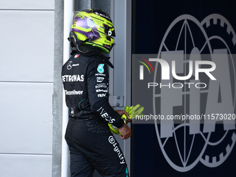 Lewis Hamilton of Mercedes after qualifying ahead of the Formula 1 Grand Prix of Azerbaijan at Baku City Circuit in Baku, Azerbaijan on Sept...