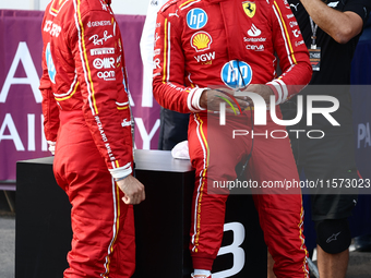 Charles Leclerc and Carlos Sainz of Ferrari after qualifying ahead of the Formula 1 Grand Prix of Azerbaijan at Baku City Circuit in Baku, A...