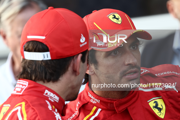 Charles Leclerc and Carlos Sainz of Ferrari after qualifying ahead of the Formula 1 Grand Prix of Azerbaijan at Baku City Circuit in Baku, A...