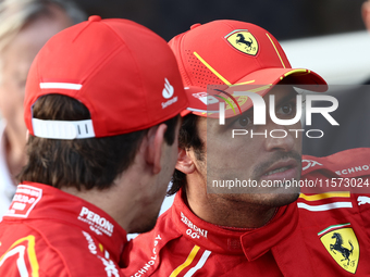 Charles Leclerc and Carlos Sainz of Ferrari after qualifying ahead of the Formula 1 Grand Prix of Azerbaijan at Baku City Circuit in Baku, A...