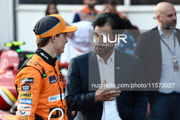 Oscar Piastri of McLaren and Mohammed Ben Sulayem after qualifying ahead of the Formula 1 Grand Prix of Azerbaijan at Baku City Circuit in B...