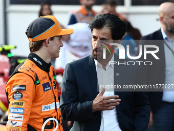 Oscar Piastri of McLaren and Mohammed Ben Sulayem after qualifying ahead of the Formula 1 Grand Prix of Azerbaijan at Baku City Circuit in B...