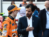 Oscar Piastri of McLaren and Mohammed Ben Sulayem after qualifying ahead of the Formula 1 Grand Prix of Azerbaijan at Baku City Circuit in B...