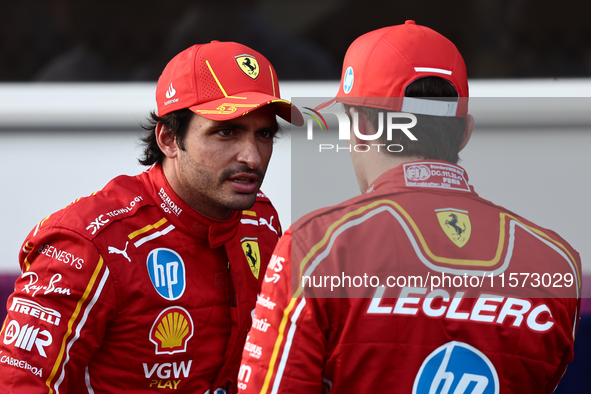 Carlos Sainz and Charles Leclerc of Ferrari after qualifying ahead of the Formula 1 Grand Prix of Azerbaijan at Baku City Circuit in Baku, A...