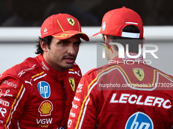 Carlos Sainz and Charles Leclerc of Ferrari after qualifying ahead of the Formula 1 Grand Prix of Azerbaijan at Baku City Circuit in Baku, A...