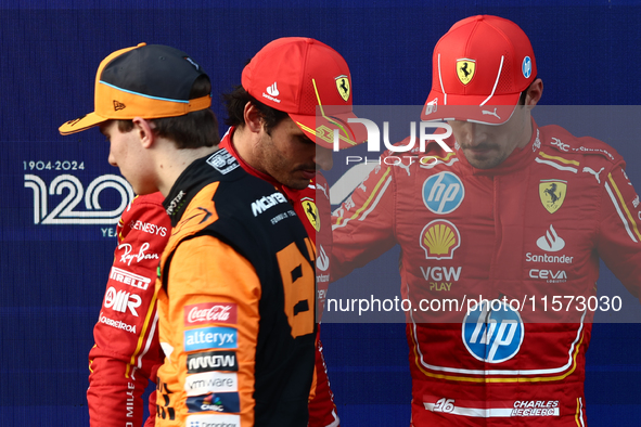 Oscar Piastri of McLaren, Carlos Sainz and Charles Leclerc of Ferrari after qualifying ahead of the Formula 1 Grand Prix of Azerbaijan at Ba...