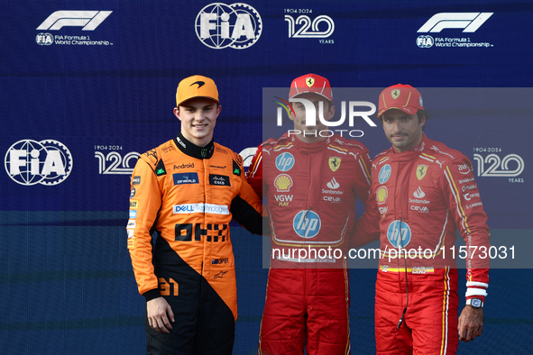 Oscar Piastri of McLaren, Charles Leclerc and Carlos Sainz of Ferrari after qualifying ahead of the Formula 1 Grand Prix of Azerbaijan at Ba...