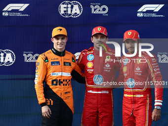 Oscar Piastri of McLaren, Charles Leclerc and Carlos Sainz of Ferrari after qualifying ahead of the Formula 1 Grand Prix of Azerbaijan at Ba...