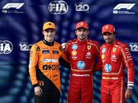 Oscar Piastri of McLaren, Charles Leclerc and Carlos Sainz of Ferrari after qualifying ahead of the Formula 1 Grand Prix of Azerbaijan at Ba...