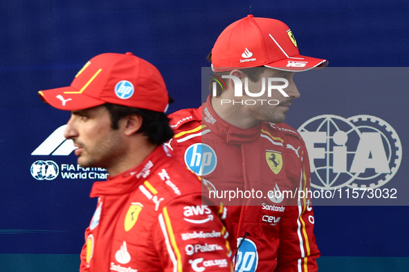 Carlos Sainz and Charles Leclerc of Ferrari after qualifying ahead of the Formula 1 Grand Prix of Azerbaijan at Baku City Circuit in Baku, A...