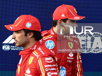 Carlos Sainz and Charles Leclerc of Ferrari after qualifying ahead of the Formula 1 Grand Prix of Azerbaijan at Baku City Circuit in Baku, A...