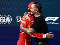 Charles Leclerc of Ferrari and J Balvin after qualifying ahead of the Formula 1 Grand Prix of Azerbaijan at Baku City Circuit in Baku, Azerb...