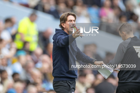 Brentford F.C. manager Thomas Franks gesticulates during the Premier League match between Manchester City and Brentford at the Etihad Stadiu...