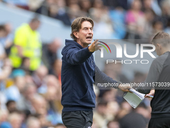 Brentford F.C. manager Thomas Franks gesticulates during the Premier League match between Manchester City and Brentford at the Etihad Stadiu...