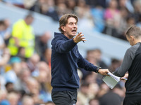 Brentford F.C. manager Thomas Franks gesticulates during the Premier League match between Manchester City and Brentford at the Etihad Stadiu...