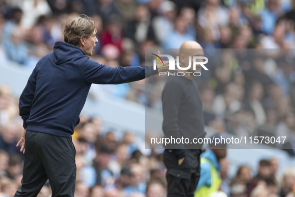 Brentford F.C. manager Thomas Franks gesticulates during the Premier League match between Manchester City and Brentford at the Etihad Stadiu...