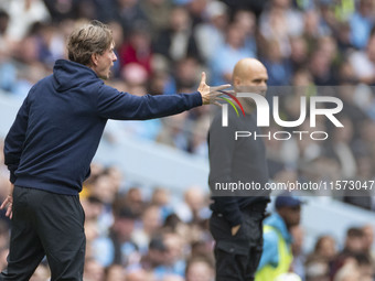 Brentford F.C. manager Thomas Franks gesticulates during the Premier League match between Manchester City and Brentford at the Etihad Stadiu...