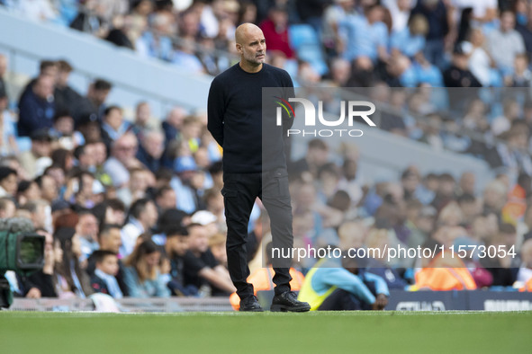 Manchester City F.C. manager Pep Guardiola during the Premier League match between Manchester City and Brentford at the Etihad Stadium in Ma...