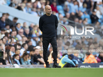 Manchester City F.C. manager Pep Guardiola during the Premier League match between Manchester City and Brentford at the Etihad Stadium in Ma...