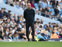 Manchester City F.C. manager Pep Guardiola during the Premier League match between Manchester City and Brentford at the Etihad Stadium in Ma...