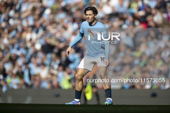 Jack Grealish #10 of Manchester City F.C. during the Premier League match between Manchester City and Brentford at the Etihad Stadium in Man...