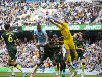 Mark Fleckken #1 (GK) of Brentford F.C. makes a save during the Premier League match between Manchester City and Brentford at the Etihad Sta...