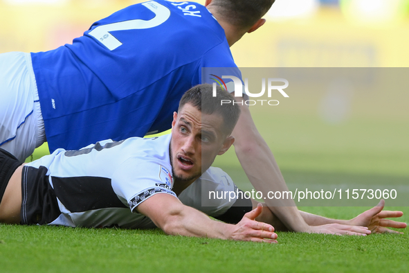 Jerry Yates of Derby County looks at the assistant after a potential penalty claim during the Sky Bet Championship match between Derby Count...