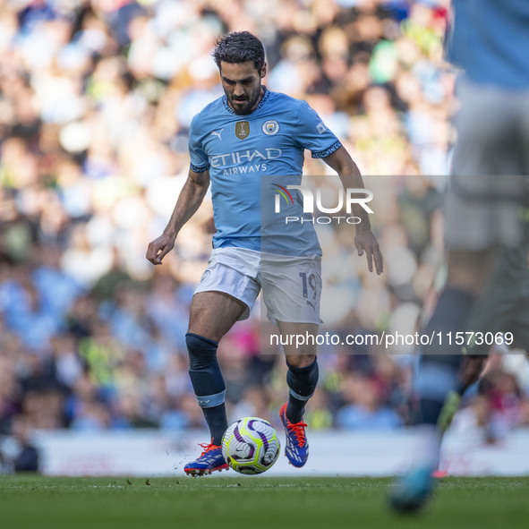 Ilkay Gundogan #19 of Manchester City F.C. during the Premier League match between Manchester City and Brentford at the Etihad Stadium in Ma...