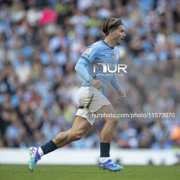 Jack Grealish #10 of Manchester City F.C. during the Premier League match between Manchester City and Brentford at the Etihad Stadium in Man...